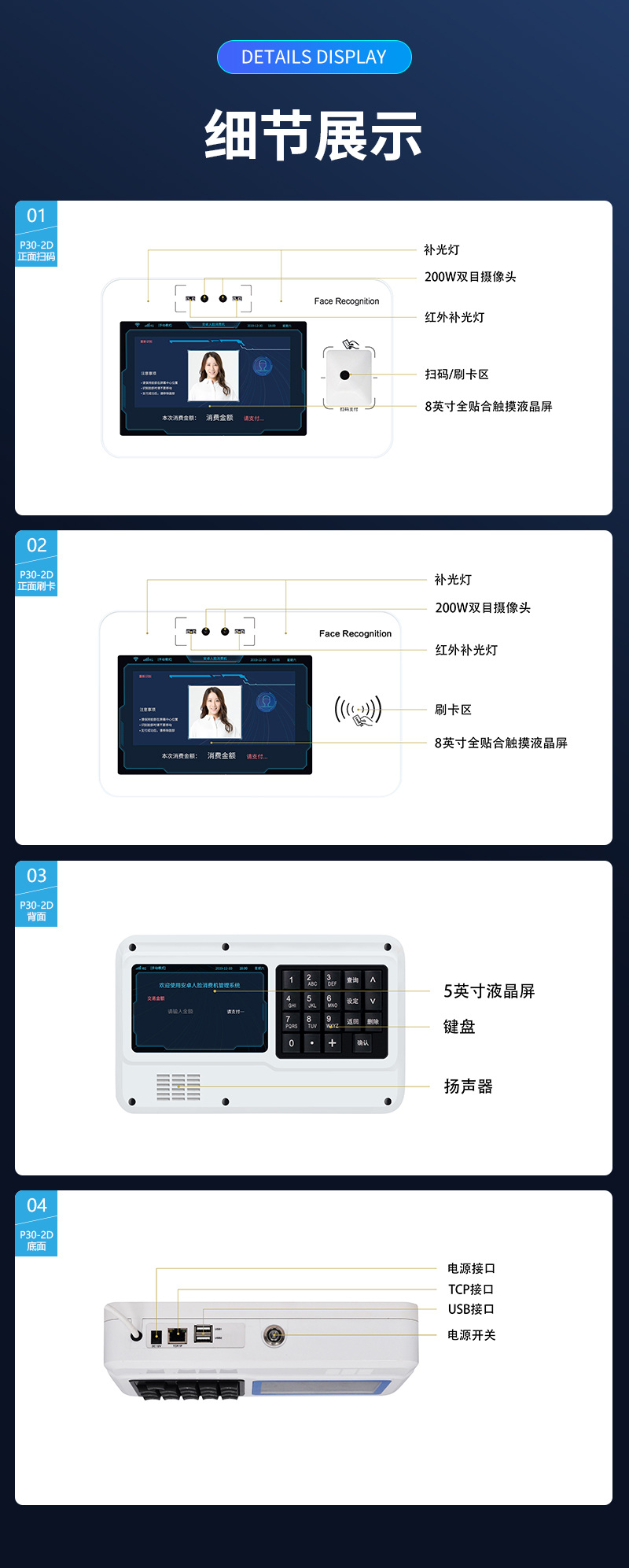 細節展示,正面、背面、底面,補光燈,200W雙目攝像頭,紅外補光燈,掃碼/刷卡區,8英寸全貼合觸控液晶屏,5英寸液晶屏,鍵盤,揚聲器,電源接口,TCP接口,USB接口,電源開關